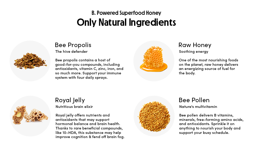 Only Natural Ingredients: Bee Propolis, Raw Honey, Royal Jelly, Bee Pollen