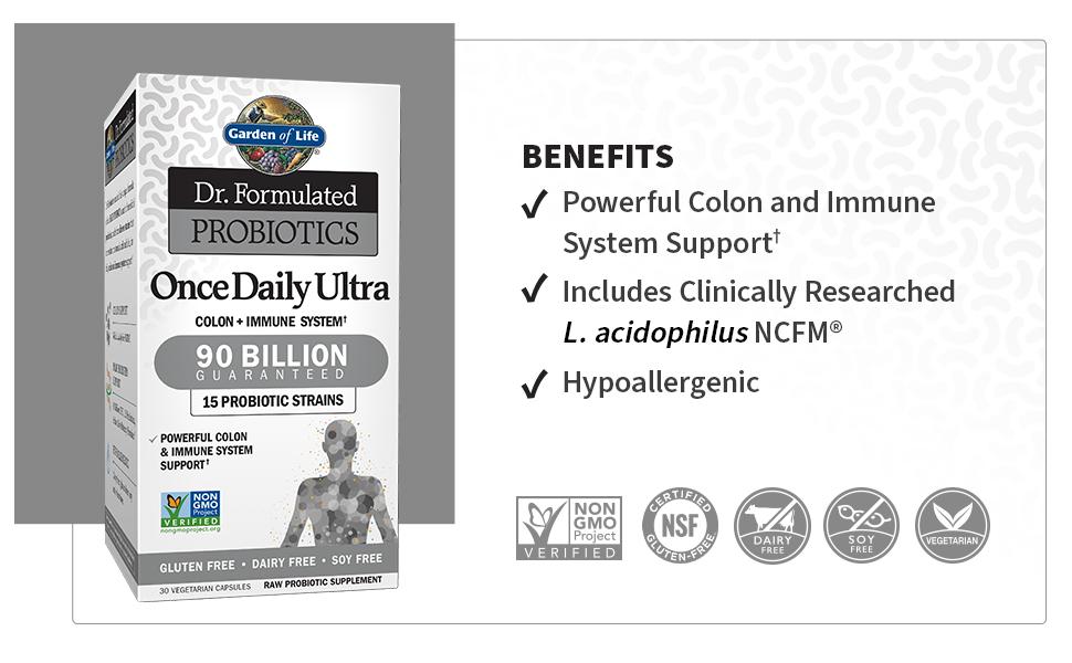 package of Once Daily Ultra 90 Billion probiotics and list of benefits