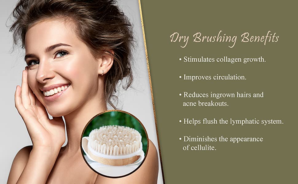 model and brush pictured describing the benefits that come from dry brushing 